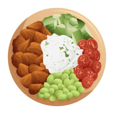 Tavuklu teriyaki, yeşil fasulye, domates, salatalık ve yoğurt. Sağlıklı beslenme, beslenme, diyet, yemek pişirme, kahvaltı menüsü, taze gıda konsepti. Pankart, menü, poster için vektör illüstrasyonu