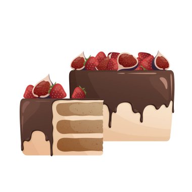 Çilekli pasta, incir meyvesi ve kakao soslu. Fırın, tatlı yemek, tatlı, pasta konsepti. Poster, afiş, kapak, kart, kartpostal, menü için vektör illüstrasyonu.
