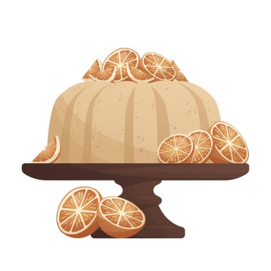 Dilimli ve portakallı limonlu kek. Fırın, fırın, yemek, tatlı yemek, tatlı, pasta konsepti. Poster, afiş, kapak, kart, kartpostal, menü için vektör illüstrasyonu.