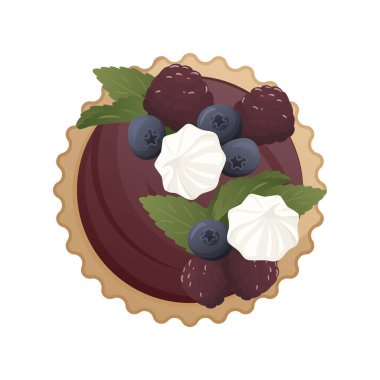 Böğürtlenli ve böğürtlenli tart, nane ve kremalı. Fırın, fırın, yemek, tatlı yemek, tatlı, pasta konsepti. Poster, afiş, kapak, kart menüsü, kartpostal için vektör ilülasyonu