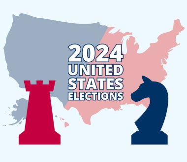 Birleşik Devletler 'de 2024 başkanlık seçimi ABD haritasıyla yapılıyor. Demokratlar Cumhuriyetçilere karşı. Her iki siyasi partinin de satranç figürlerinin seçim sembolleri. Düz vektör çizimi. Oylama günü 5 Kasım