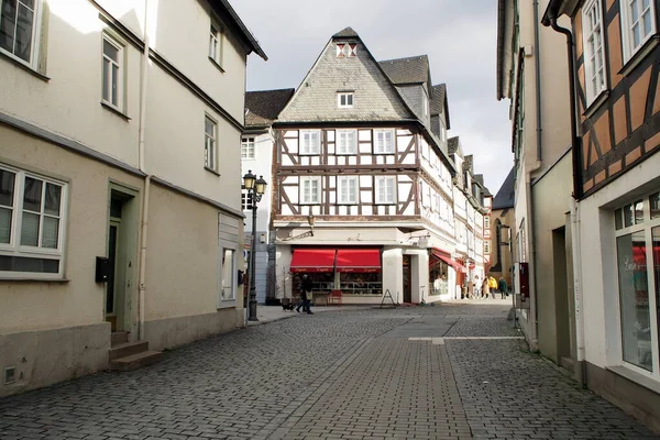 Quiet Street Heart Old Town Traditional Timber Frame Houses Wetzlar — стоковое фото