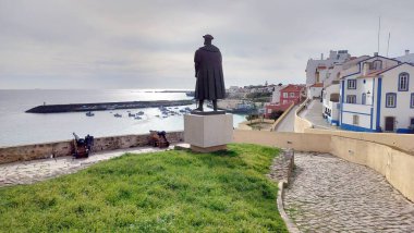 Monument to Vasco da Gama overlooking the town's waterfront, famous explorer and admiral, sculptural work by Antonio Luis do Amaral Branco de Paiva, installed in 1970, Sines, Portugal - March 6, 2024 clipart