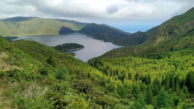 Lagoa do Fogo, crater lake within the Agua de Pau Massif stratovolcano, panoramic shot, Sao Miguel Island, Azores, Portugal - August 2, 2022