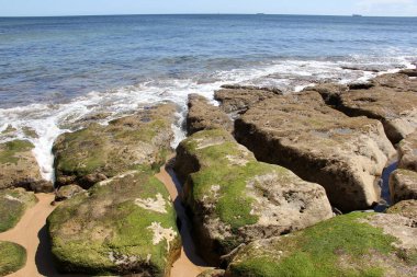 Sahilin kıyısındaki volkanik kaya oluşumları Praia do Pescoco do Cavalo, Estoril, Portekiz - 18 Mayıs 2024