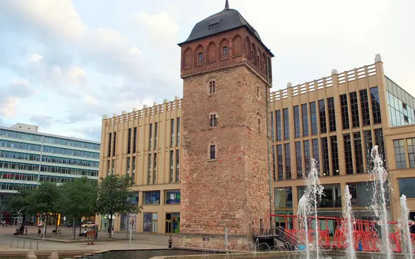 Stock image The Red Tower, Roter Turm, landmark of the city and its oldest preserved building, restored 12th-century redbrick tower, Chemnitz, Germany - August 7, 2024