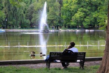 Bir çift, sakin bir göletin kenarındaki ahşap bir bankta oturmuş, Bükreş, Romanya - 29 Mayıs 2025