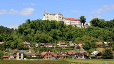 Pohronie, Slovakya - 27 Mayıs 2025: Hron Nehri Vadisi 'ndeki Slovensk Lupca köyünün üzerindeki Lupca Kalesi kuleleri