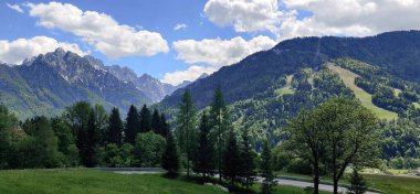 Slovenya 'nın Podkoren kenti yakınlarındaki Kranjska Gora bölgesinde Julian Alpleri manzaralı dağ vadisi manzarası - 19 Mayıs 2025