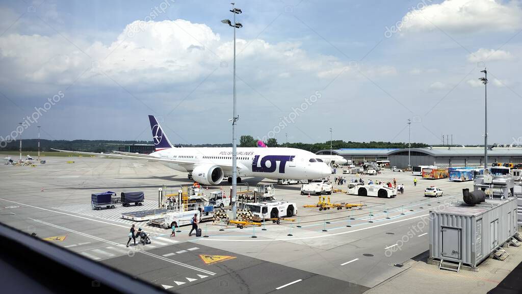 LOT airline's Boeing 787-8 Dreamliner parked on a tarmac at Krakow John Paul II International Airport, Krakow, Poland - June 6, 2025