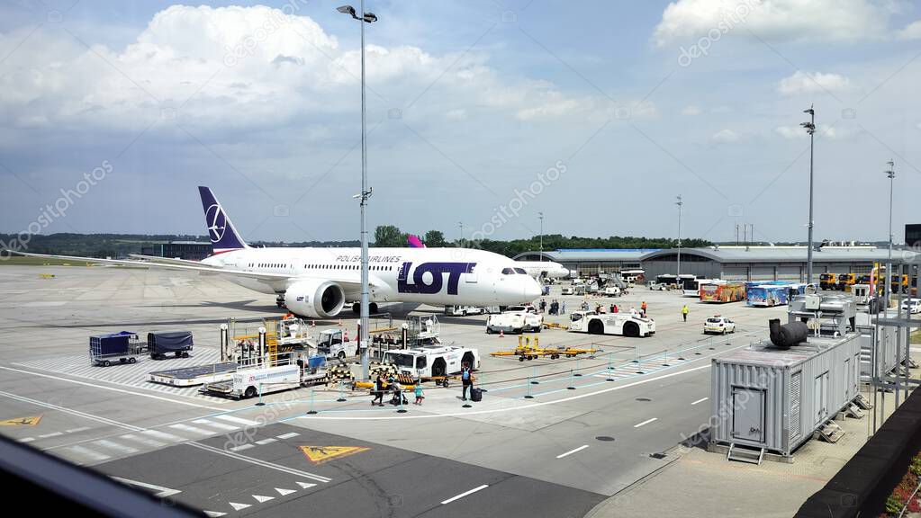 LOT airline's Boeing 787-8 Dreamliner parked on a tarmac at Krakow John Paul II International Airport, Krakow, Poland - June 6, 2025