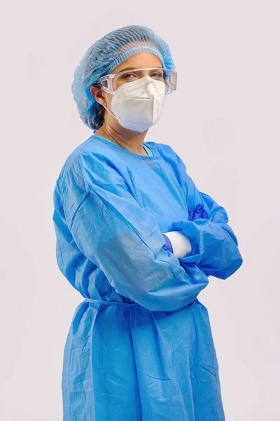 Πορτραίτο Στούντιο Ισπανόφωνων Γυναικών Χειρουργών Γιατρός Ερευνητής Πλήρη Προστατευτικό Ύφασμα — Φωτογραφία Αρχείου