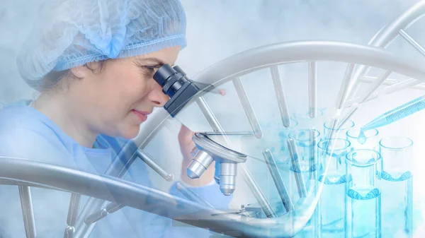 research and developement concept background of DNA strand overlay with blurred female scientist using microscope in biotechnology laboratory. concept of gene and chromosome research
