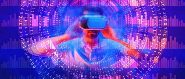 Abstract Digitaal Technologie Concept Achtergrond Van Blured Man Dragen Bril — Stockfoto