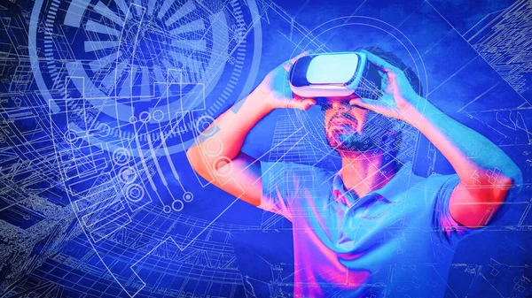Virtual Reality Technologie Concept Achtergrond Van Mens Het Dragen Van — Stockfoto