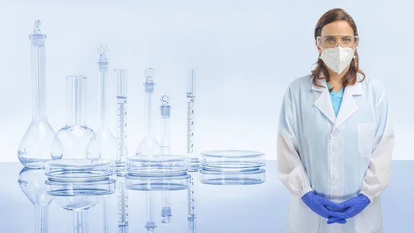 Kadın Kimyacı Bilim Adamı Laboratuvar Camları Geçmişi Olan Teknisyen Kimya — Stok fotoğraf
