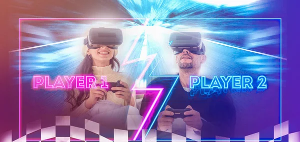 Virtual Reality Auto Race Simulatie Gaming Achtergrond Van Twee Spelers — Stockfoto
