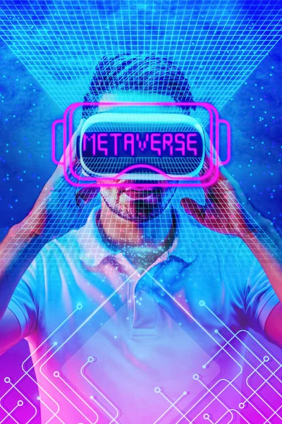 metaverse and virtual reality background of man wearing 3D VR headset overlay with neon letters of metaverse and digital line symbol