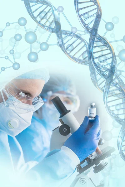 vaccine research and development background of research scientist holding vaccine bottle in hand in modern clinical laboratory with microscope overlay with DNA strand and molecules symbol in concept of vaccine research and development