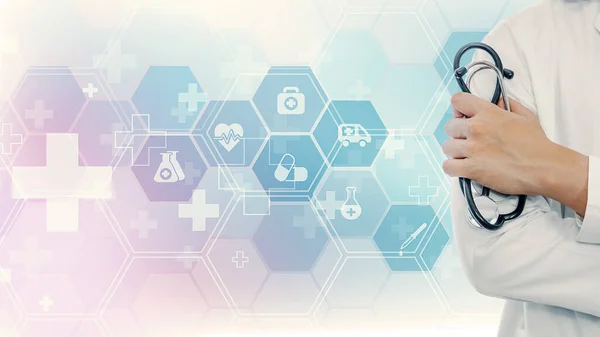 healthcare background of doctor hand holding stethoscope on background of medical symbol
