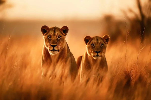 Fotografia Animalelor Sălbatice Două Femei Leu Câmpul Savannah Apusul Soarelui — Fotografie, imagine de stoc