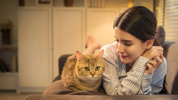 Stock image a heartwarming portrait of an adorable cat alongside its young asian owner, seated comfortably on a sofa in a cozy, warmly lit living room