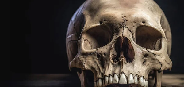 Spine Chilling Still Life Portrays Human Skull Ominously Positioned Wooden — Stock Photo, Image