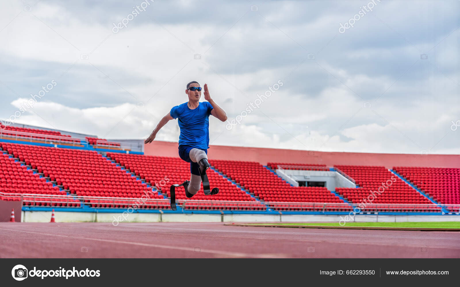 Asian Male Athlete Prosthetics Runs Full Speed Demonstrating