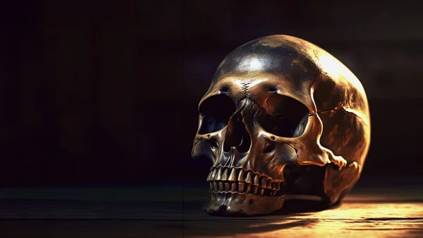 널빤지 사람의 두개골이 등골을 도살아 어둠의 할로윈 배경을 만들어 냅니다 — 스톡 사진