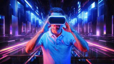 Kafkasyalı bir adam VR kulaklık takıyor ve kendini soyut geometrik bir şehrin parlak neon renklerden oluşan bir kaleydoskopla açıldığı gerçeküstü, fütüristik bir metazmaya sokuyor.