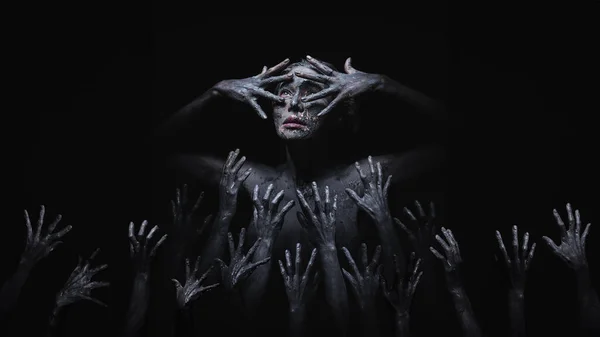 Halloween Pojęcie Fantazyjnego Makijażu Strasznej Czarownicy Demonami Ręce Podnoszące Się — Zdjęcie stockowe