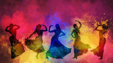 Holi Festivali 'nin coşkulu ruhunu kutlamak için çok renkli toz ve tozun patlayıcı arka planında birden fazla dinamik pozlar veren geleneksel Hint dansçı silueti.