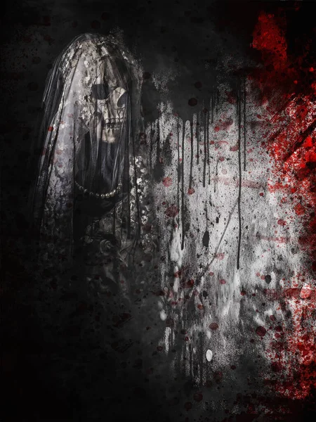 베일에 신부의 스포키 두개골 유령의 할로윈 포스터는 버려진 오래된 나타납니다 — 스톡 사진