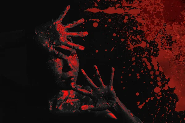 Halloween concept of bloody woman in spooky dark hell background of blood splattered