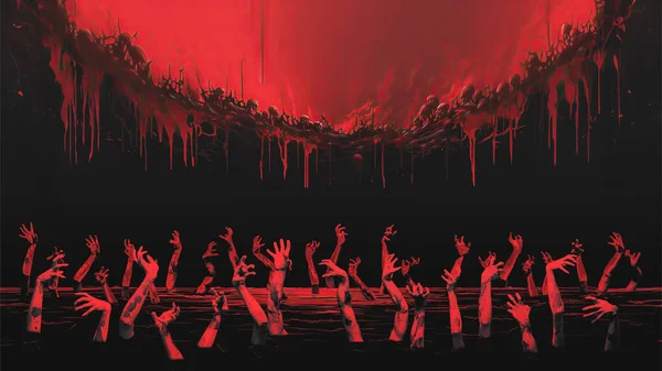 抽象的なホラーハロウィーンの概念 血まみれの沼から育った地獄の悪魔の多くの手 血まみれの地獄の苦しみを示す — ストック写真