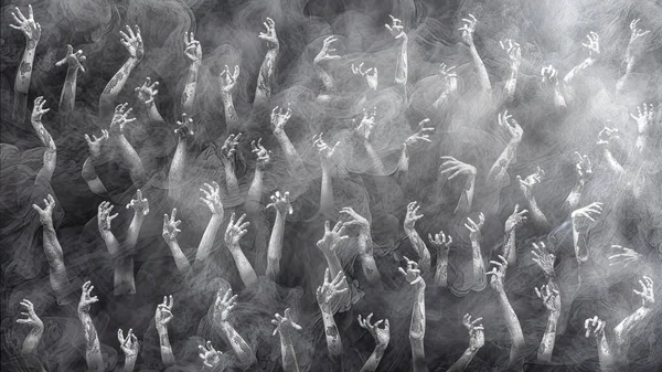 多くのゾンビの手の抽象的なハロウィーンの概念は霧霧で地獄のカバーの暗闇から上がります — ストック写真