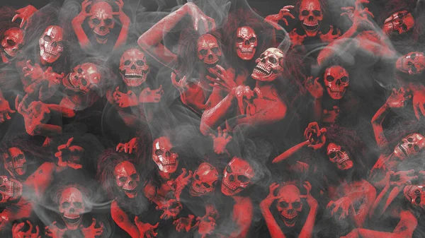 多くの血まみれの地獄の幽霊と悪魔のハロウィーンのコンセプトは霧霧でカバーで一緒に — ストック写真