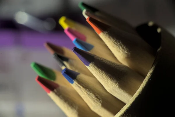 Set of pencils in a box close up