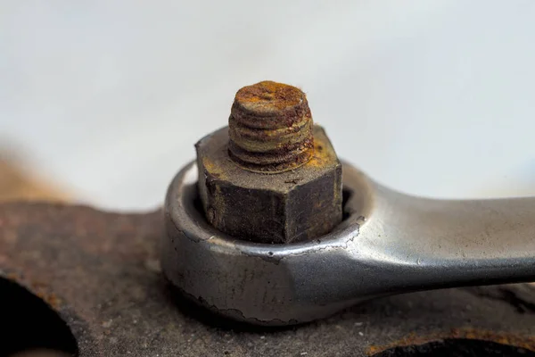 Chrome Wrench Unscrews Nut Macro — Stock Photo, Image
