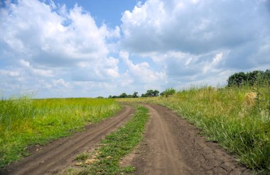 Tarlada yol, bulutlarda gökyüzü. Ukrayna