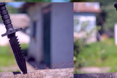 Avludaki ahşap çitlere saplanmış taktik ordu bıçağı.