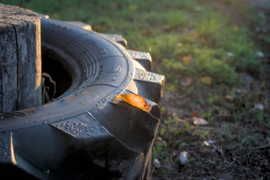 Kullanılmış lastiğin üzerinde sarı yaprak fotoğrafı.