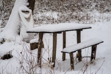 Piknik masası ve parkta karla kaplı banklar.