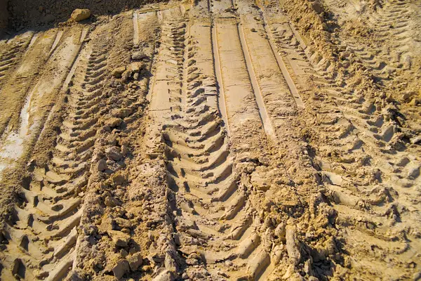 Tracce Ruote Del Veicolo Sabbia Struttura Del Terreno Impronte Macchinari — Foto Stock
