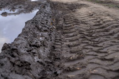 Kamyon izleri ıslak zeminde ve su birikintisinde.