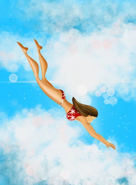 女孩在云彩的背景下潜水 — 图库照片