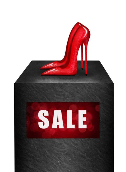 Красная Женская Обувь Выставке Надписью Продажа — стоковое фото