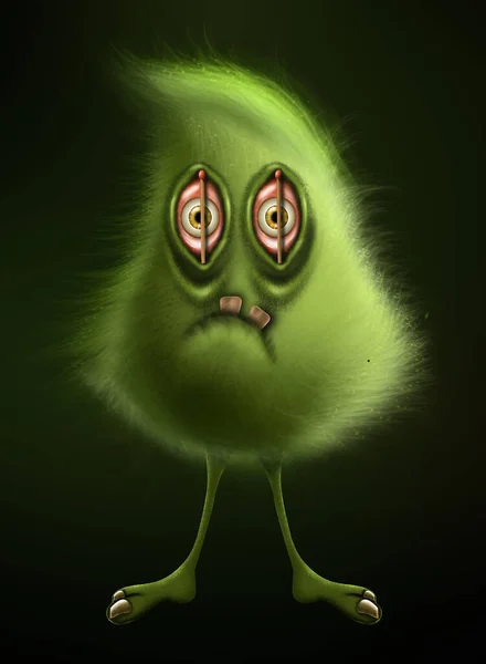 Green Funny Furry Monster Black Background — Stockfoto