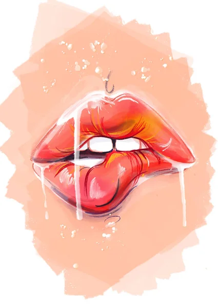Menutup Wanita Mengunyah Bibir — Stok Foto