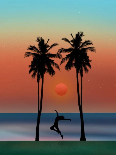 日落时分在棕榈树间的女性轮廓 — 图库照片